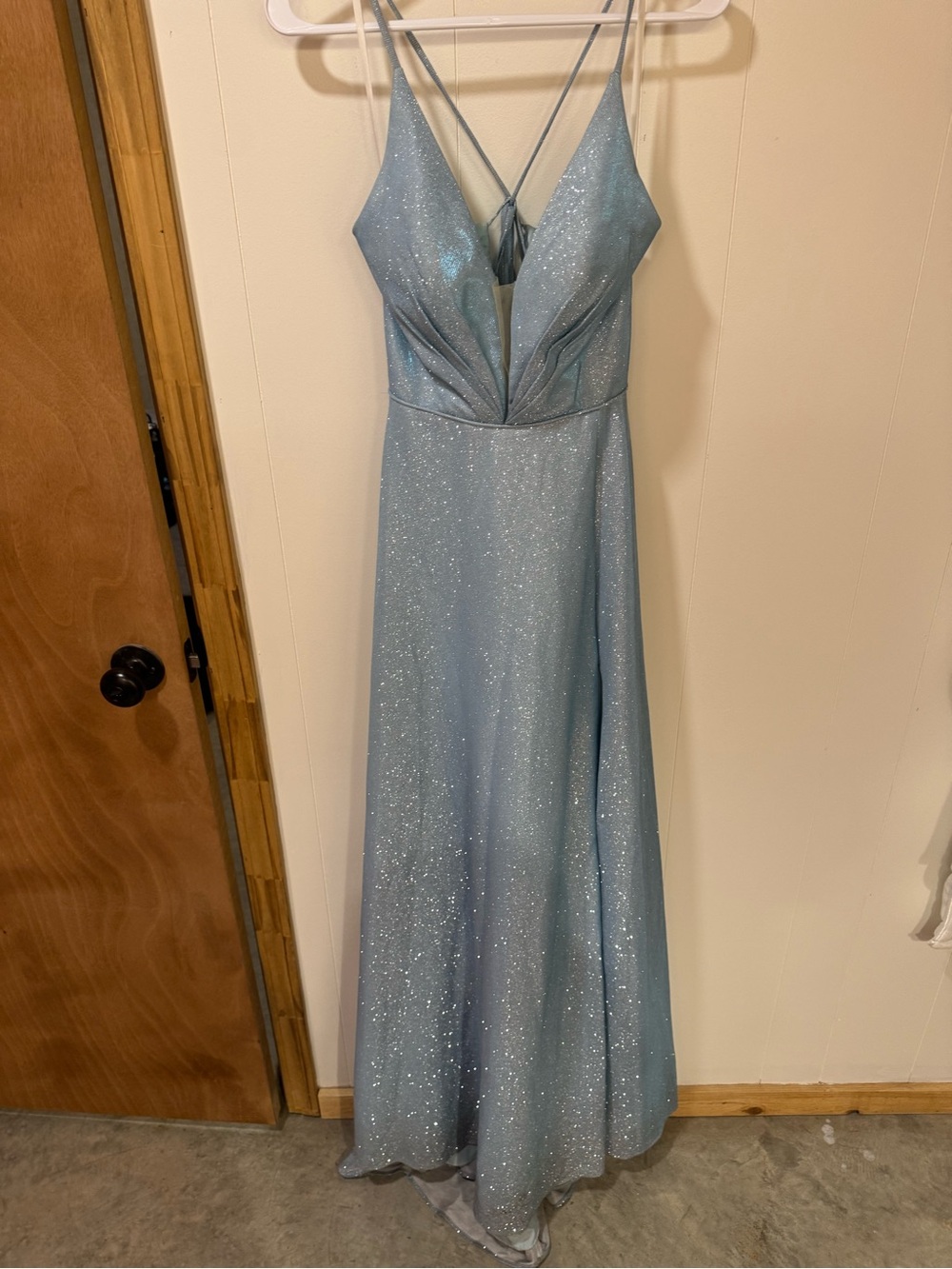 Light Blue Sparkle V-Neck Prom Dress with Crisscross Straps